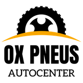 O logotipo da ox pneus autocenter mostra um pneu com uma estrela.