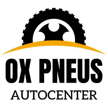 O logotipo da ox pneus autocenter mostra um pneu com uma estrela.