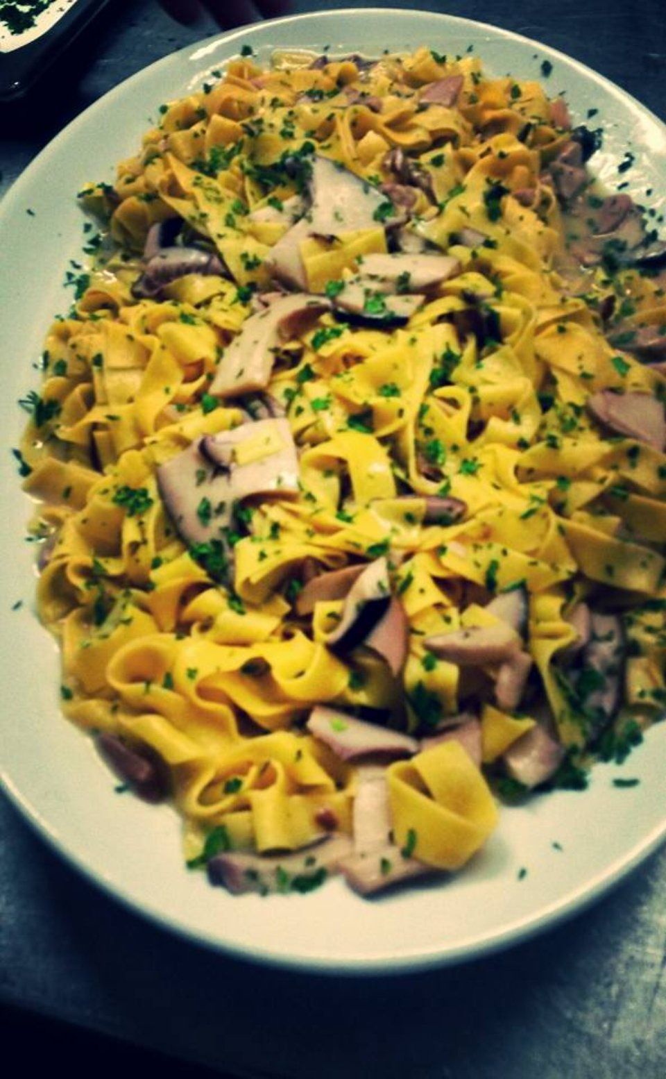 Pasta salad with yellow ribbons, herbs, and shaved cheese on a white plate