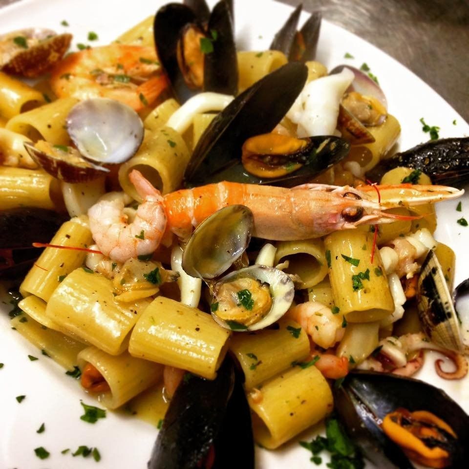 Seafood pasta with shrimp, mussels, clams, and rigatoni in a light sauce with herbs