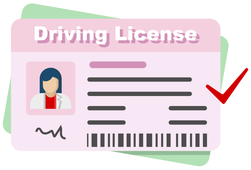 A pink driving license card featuring a profile icon and a red checkmark on a green background.