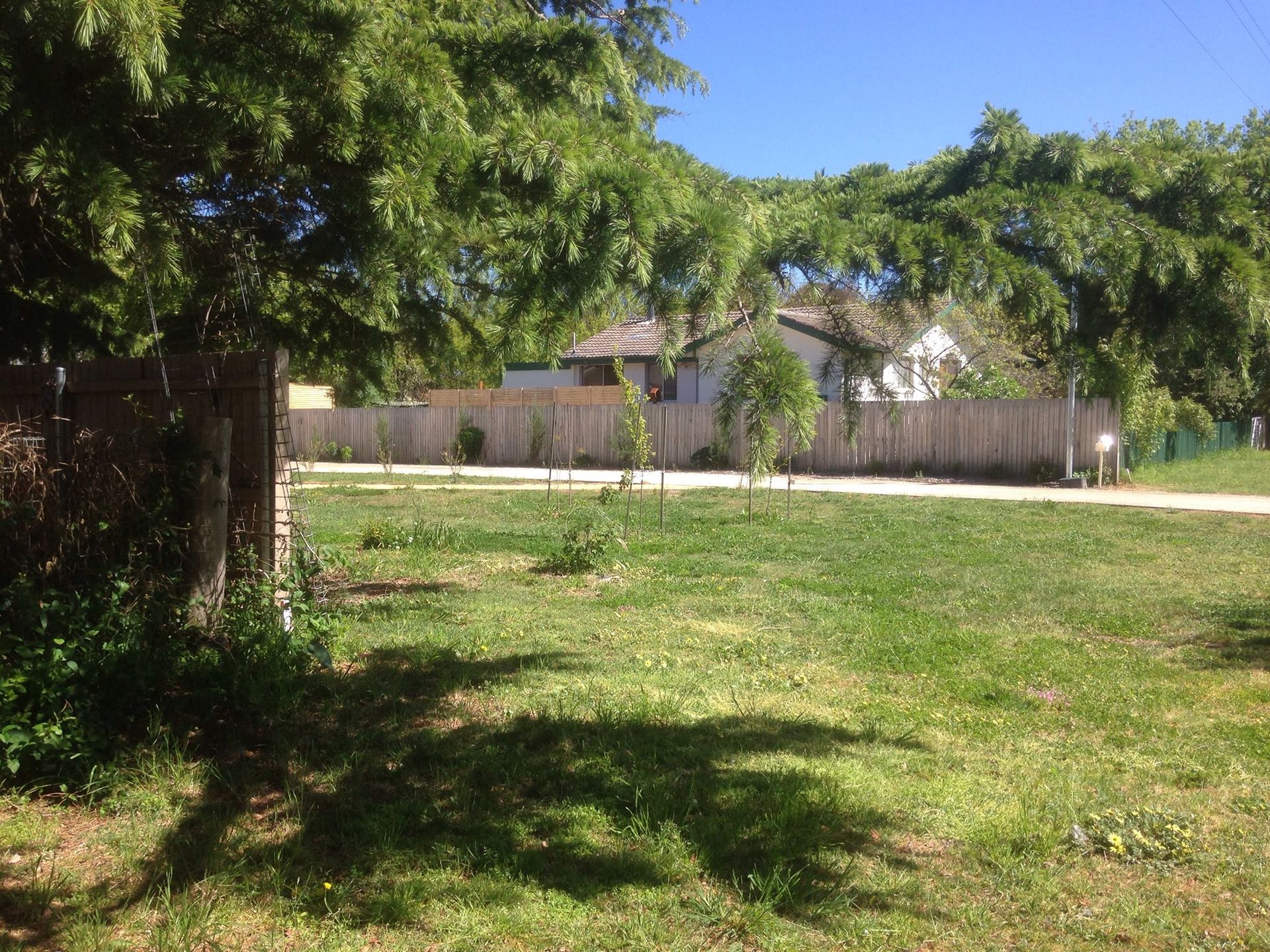 A fenced in yard with a house in the background