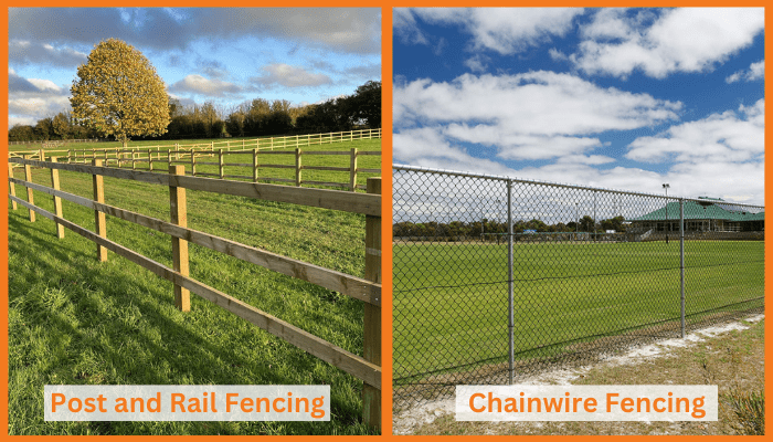 A woman in a white tank top is standing next to a chain link fence.