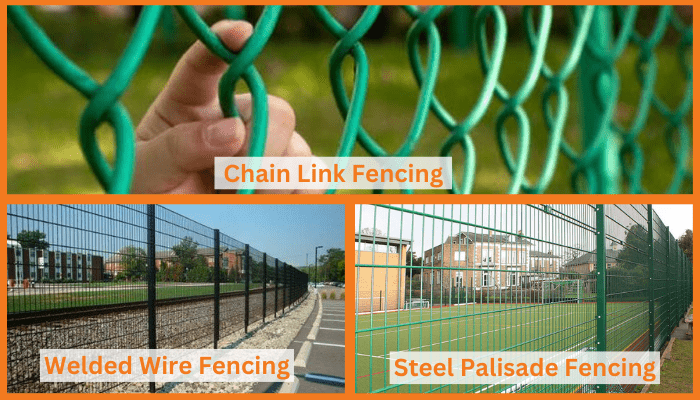 A woman in a white tank top is standing next to a chain link fence.