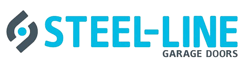 The logo for steel-line garage doors is blue and black.