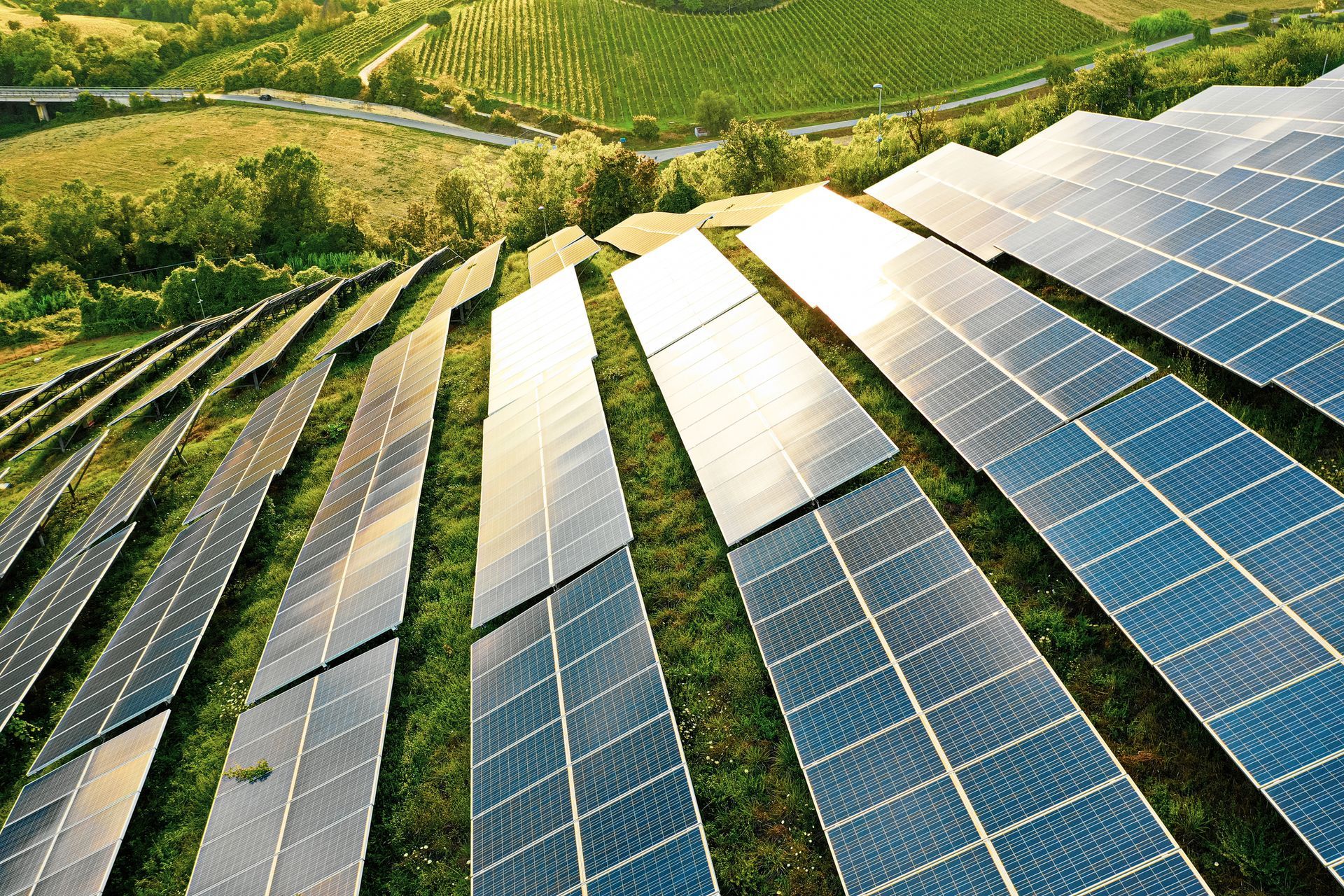 A row of solar panels sitting on top of a hill.