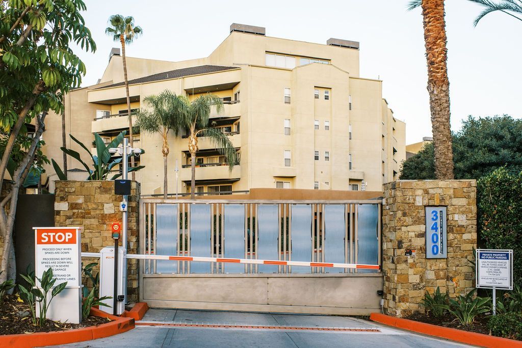 A large building with a stop sign in front of it