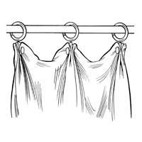 Black and white illustration of curtain hanging from a rod, with rings and folded fabric creating draping effect.