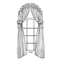 Window with draped curtains tied back at the sides and arched valance above.