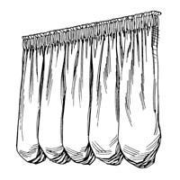 Drawn curtain with six rounded bottom sections hanging from a rod.