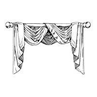 Draped white window valance on a rod, with hanging folds and decorative ends.