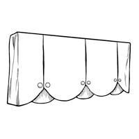 Line drawing of a white valance with a scalloped edge and decorative buttons.