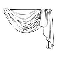 Draped white curtain on a rod, cascading in folds to the left and hanging straight down on the right.