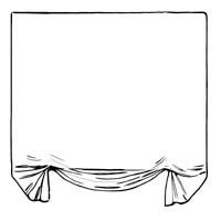 Drawn illustration of a fabric window treatment, likely a Roman shade, with a gathered bottom.