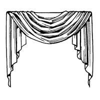 Draped valance over a window, with folds and vertical panels on either side.