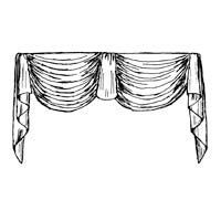 Draped curtain valance, fabric flowing in folds and swags, drawn in black and white.