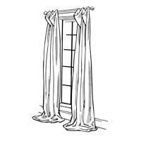 Black and white sketch of tall window with draped curtains on either side.