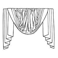 Draped curtain valance with gathered fabric, flowing design.