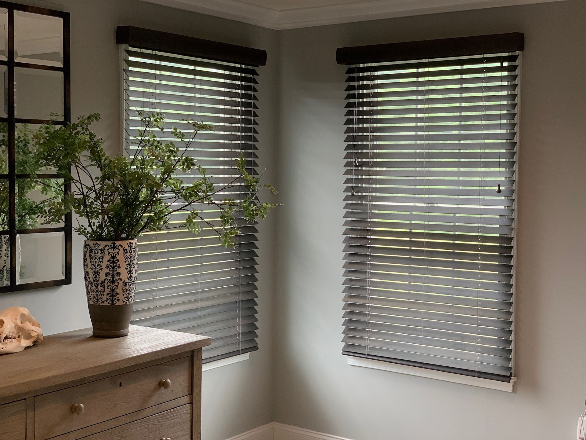 Bedroom with two windows with blinds, a mirror, a dresser, and a plant in a vase.