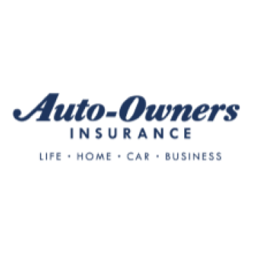 Logo for Auto-Owners Insurance: blue text on white; offers life, home, car, and business insurance.