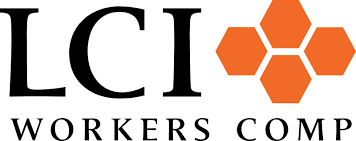 LCI Workers Comp logo with black text and orange hexagon icon