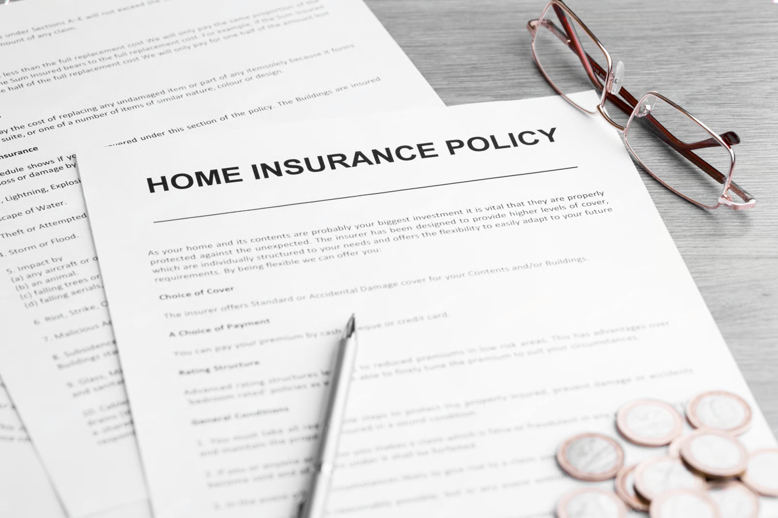 Home insurance policy documents with glasses, pen, and coins on a desk