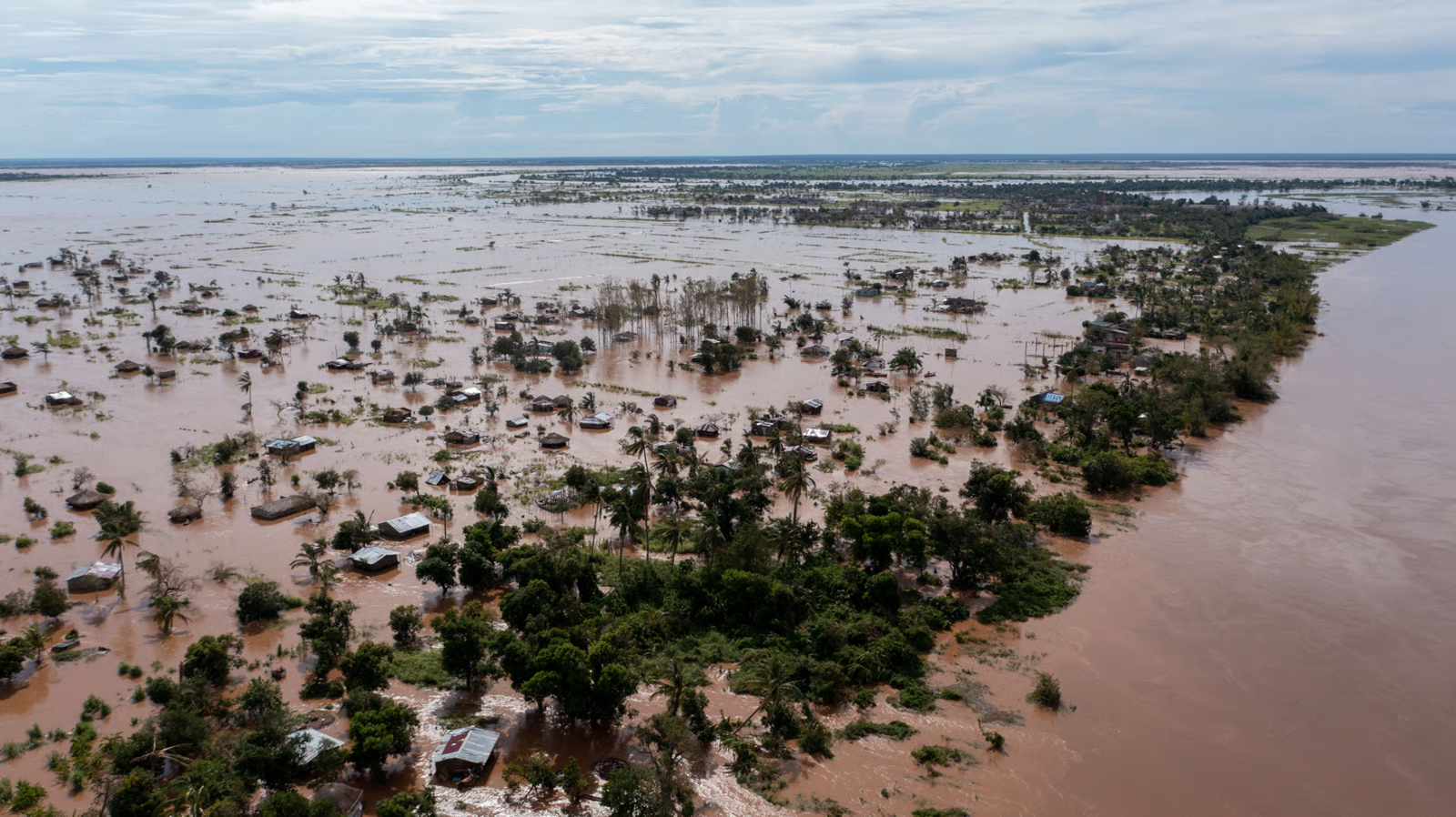 Aerial view of flooded landscape with scattered trees and muddy brown water