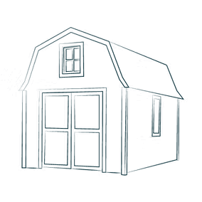 Pencil sketch of a small barn with a loft window and double doors. A small window is on the side.