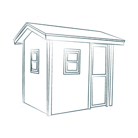 Sketch of a small building with a slanted roof, two windows, and a door, set against a white background.