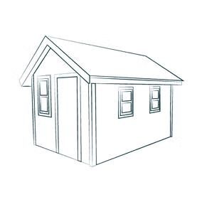 Line drawing of a small building with a pitched roof, two windows, and a door.