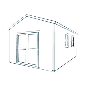 Line drawing of a small rectangular building with a gable roof, double doors, and two small windows.