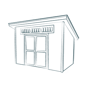 Line drawing of a small shed with a sloped roof, double doors, and small upper windows.