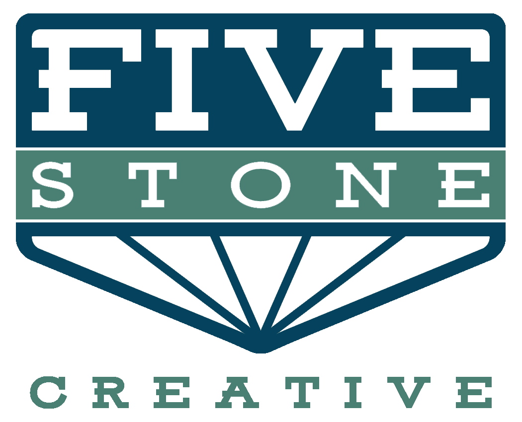 Five Stone Creative logo in teal, white, and gray with stylized stone and sunburst design