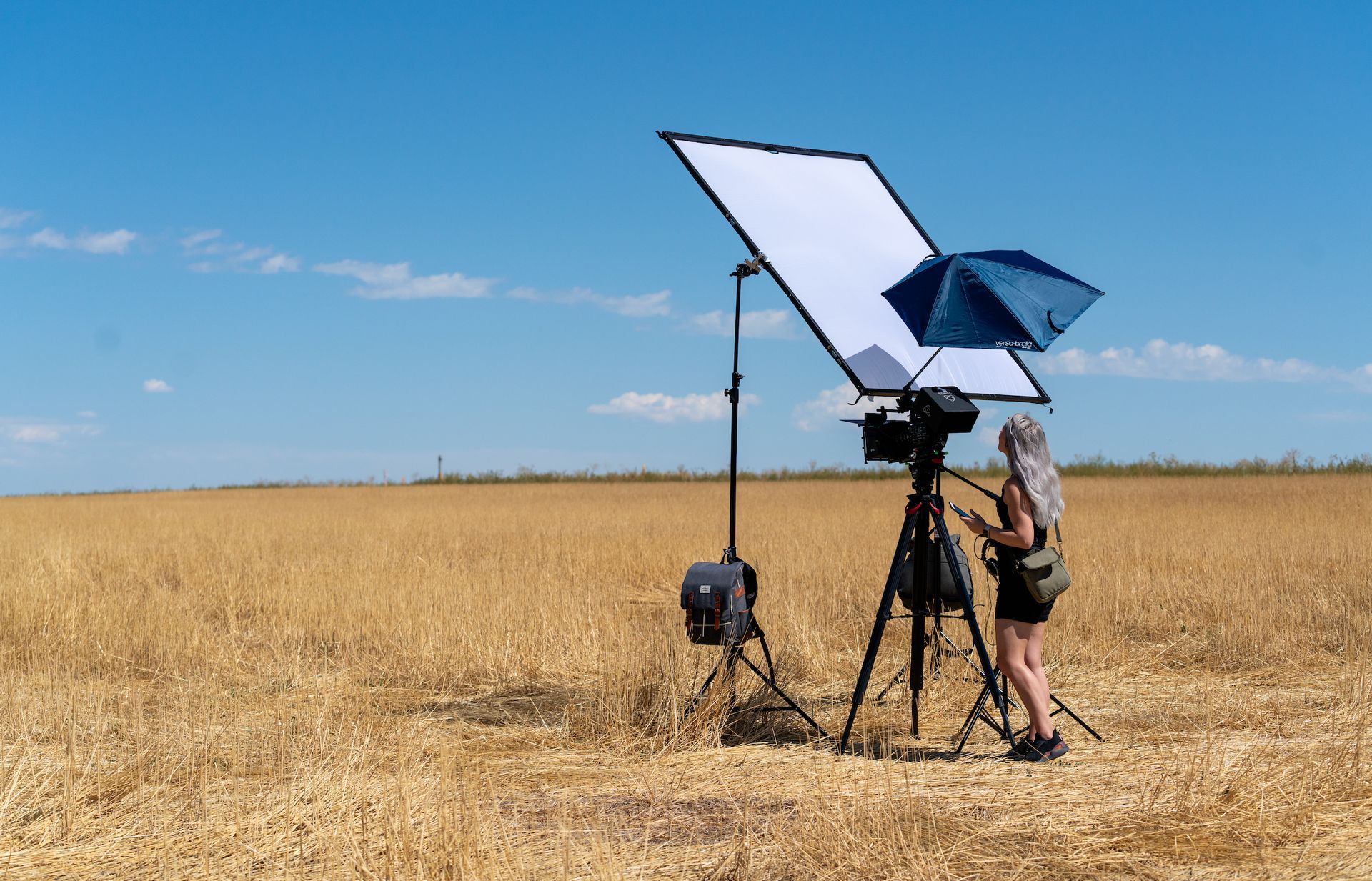 Camera crew filming on location with professional lighting for a commercial video production.