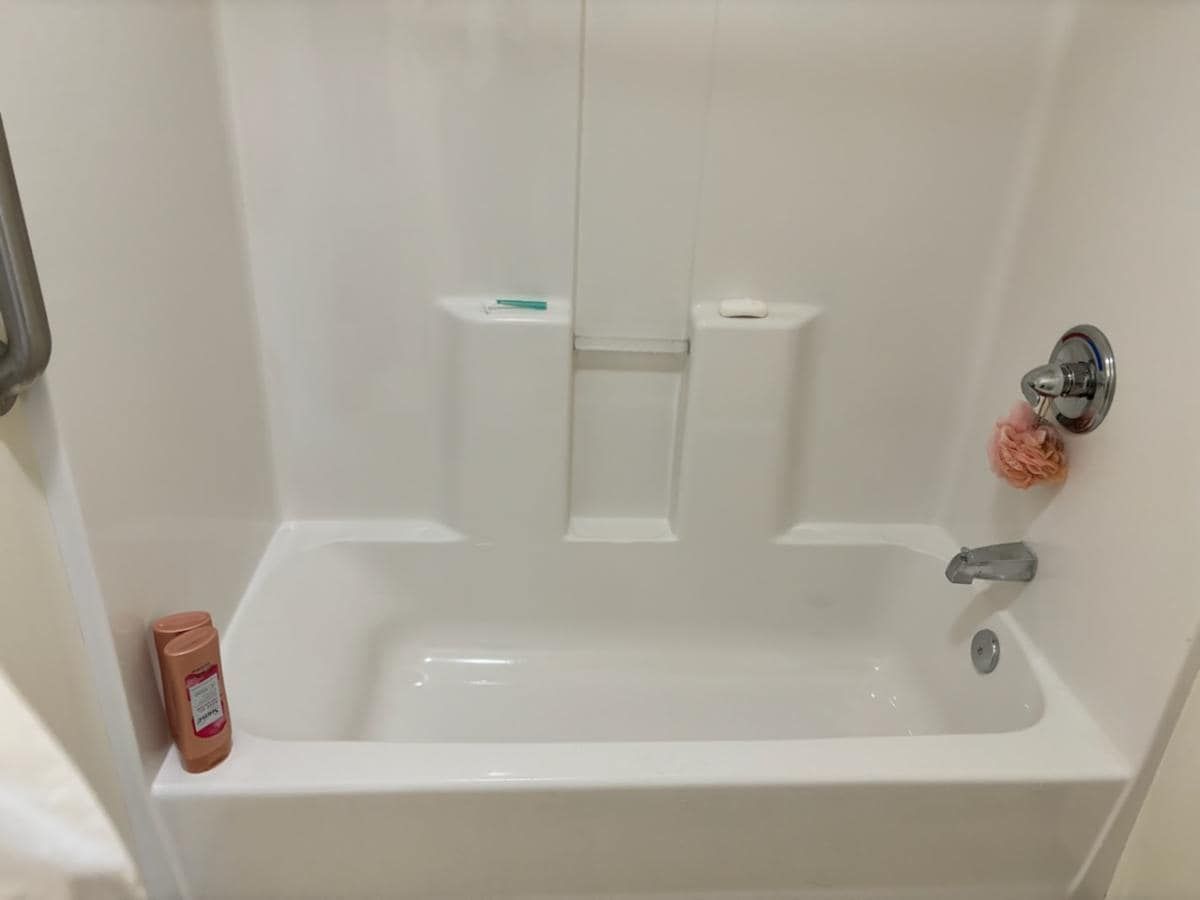 White bathtub/shower unit. Soap and loofah present.