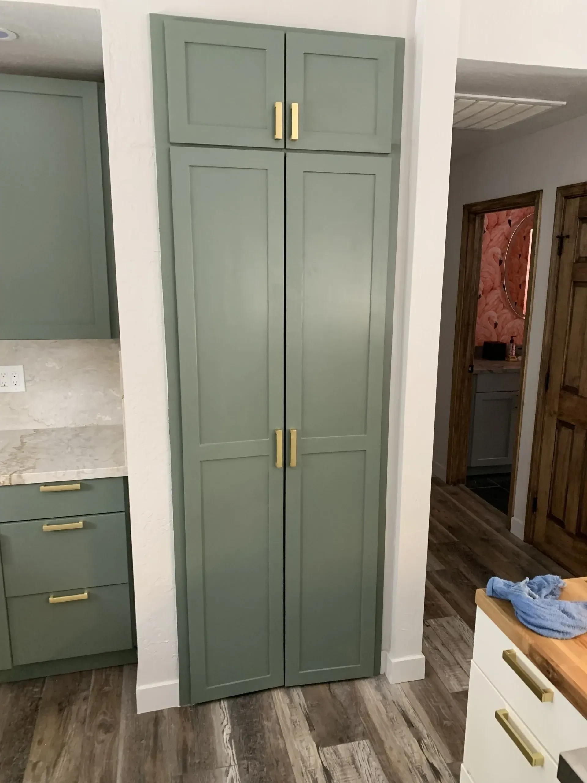 Narrow green cabinet doors in a laundry or utility room with wood flooring and white trim