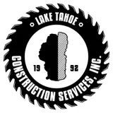 Lake Tahoe Construction Services logo with black circular saw blade and white text, 1998.