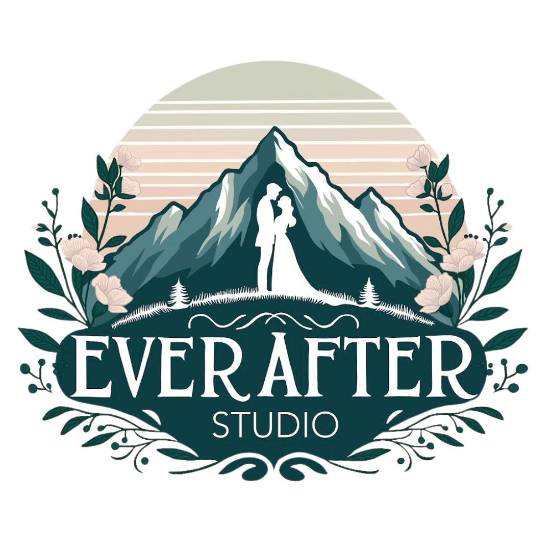 The logo for ever after studio shows a bride and groom kissing in front of a mountain.
