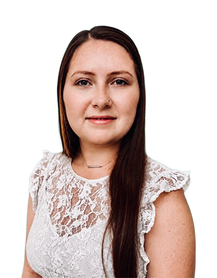 Portrait of a woman with straight brown hair wearing a white lace top against a white background Portrait of a woman with straight brown hair wearing a white lace top against a white background