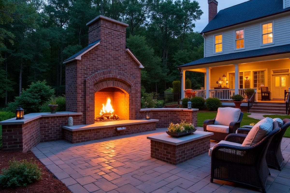Brick fireplace with fire on a patio, with seating and a house in the background.