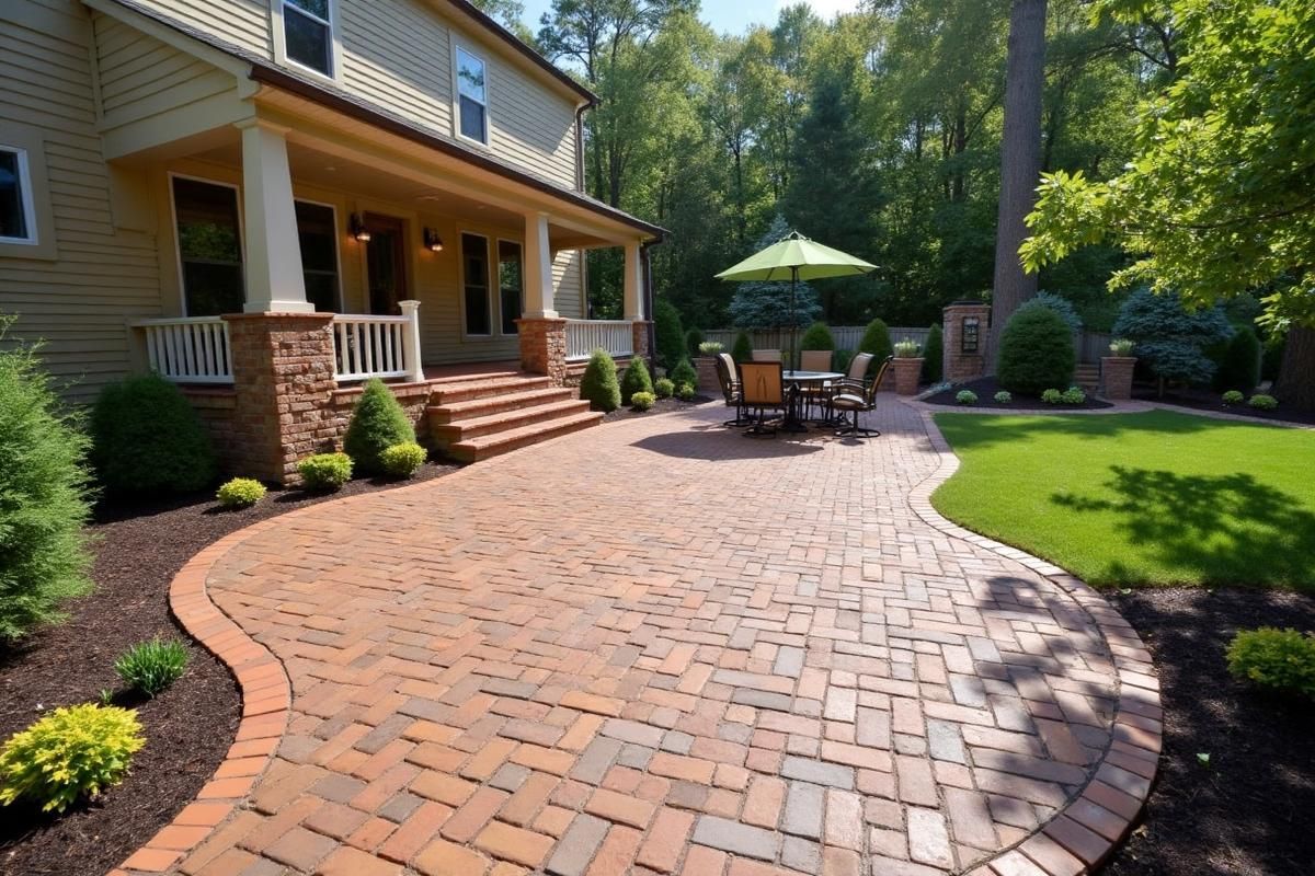 Brick patio extends from a house with porch to a backyard dining area.