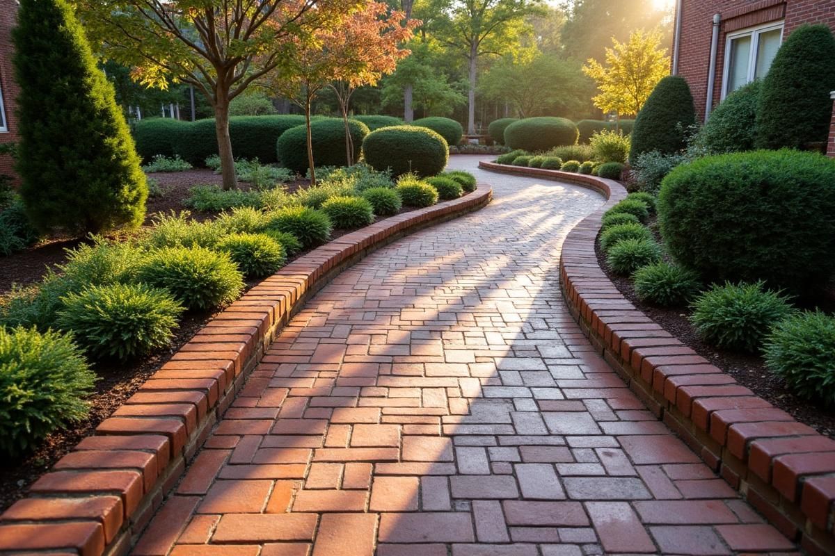 Brick pathway winding through a manicured garden, lined with green bushes. Sunset colors cast shadows.