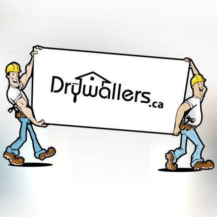 Two cartoon drywallers holding a sign with the business name
