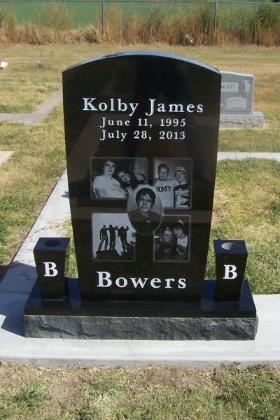 Black gravestone memorial for Kolby James Bowers with photo collage and blue B blocks