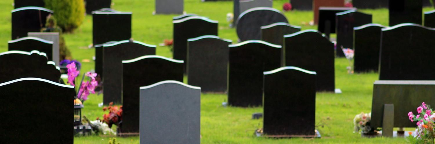 Rows of black and gray tombstones in a green cemetery with pink flowers