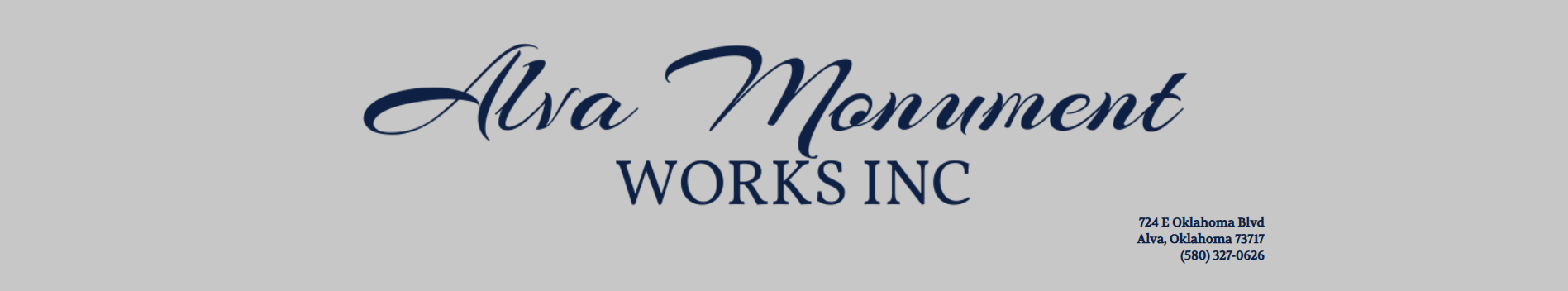 Alva Monument Works Inc. logo in blue script on a light gray background.