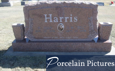Gray granite gravestone engraved “Harris” with a small oval portrait medallion, in a cemetery.