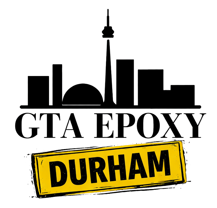 GTA EPOXY logo with Toronto skyline silhouette and tilted yellow DURHAM label