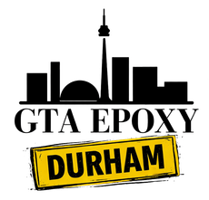 GTA EPOXY logo with Toronto skyline silhouette and tilted yellow DURHAM label