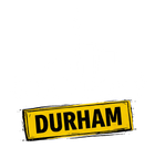Yellow tilted sign reading &ldquo;DURHAM&rdquo; in bold black letters on a white background